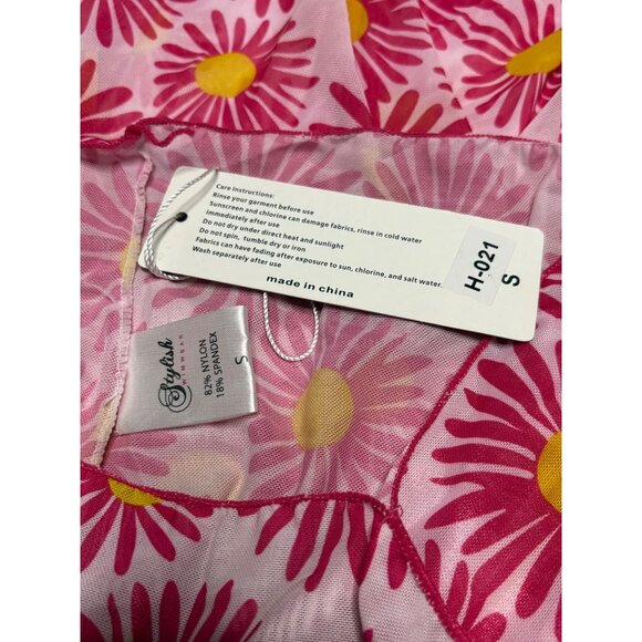 Stylish Swimwear Pink Yellow Daisy Print Small Beach Swim Cover Up Sheer Hippie - Picture 7 of 8
